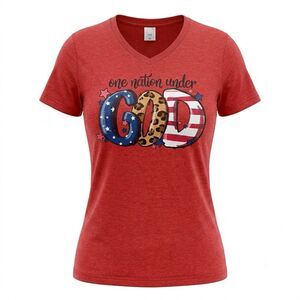 LiF Apparel Women's Red V-Neck "One Nation Under God" Graphic Tee Size L